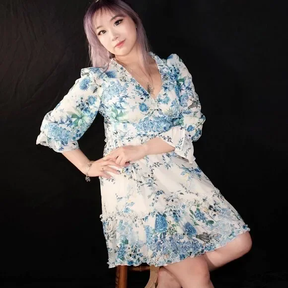 Blue and White Floral Dress with Cutout details - Picture 3 of 5